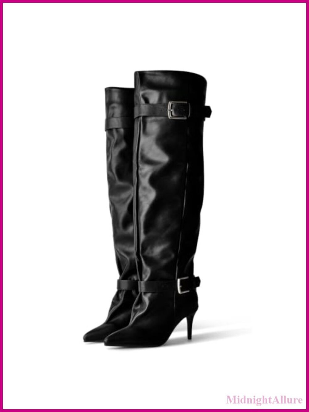 Kitten Heel Over-the-Knee Boots, Women's Slouch Fit, Pull-On, PU, Buckle Accents
